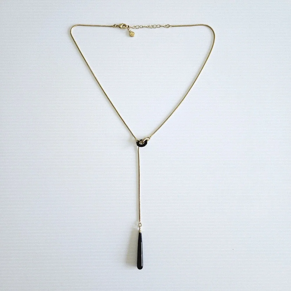 Liz Claiborne Necklace Goldtone Y Drop Chain Black Teardrop Pendant Modern Sleek
